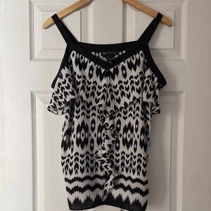 Alfani Black & White Patterned Ruffle Top with slouchy off the shoulder sleeves